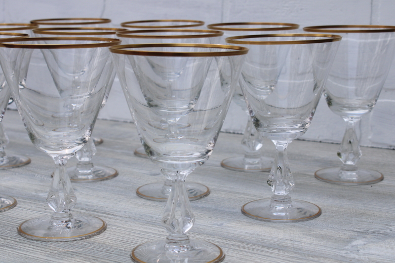 50s 60s vintage set of 12 Fostoria water glasses, gold wedding band Ambassador pattern goblets