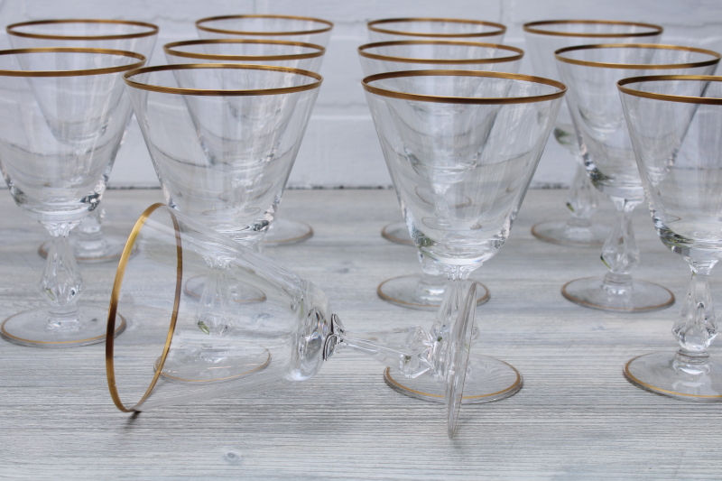 50s 60s vintage set of 12 Fostoria water glasses, gold wedding band Ambassador pattern goblets