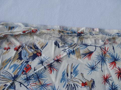 50s Hawaiian print cotton feedsack fabric, girls surfing, making leis