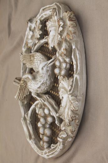 50s Universal statuary chalkware wall art plaques, antiqued plaster cameo ovals birds & flowers