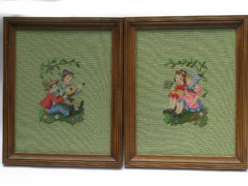 50s framed needlepoint pictures, Hummel style children in folk costumes