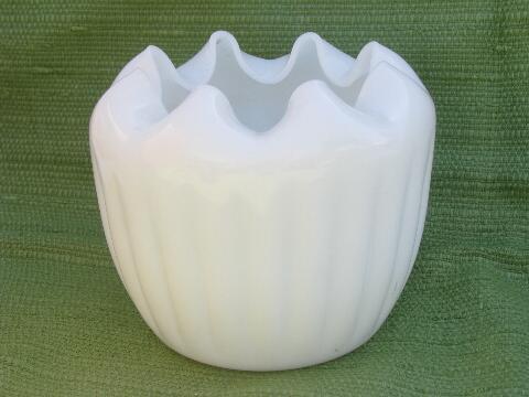 50s mod vintage milk glass flower bowl, wide crimped edge jar shape