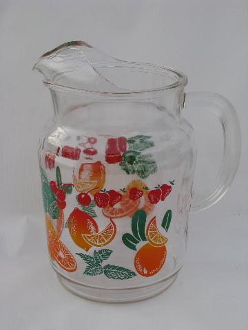 50s swanky swigs vintage kitchen glass pitcher, fruit salad pattern w/ bright fruits