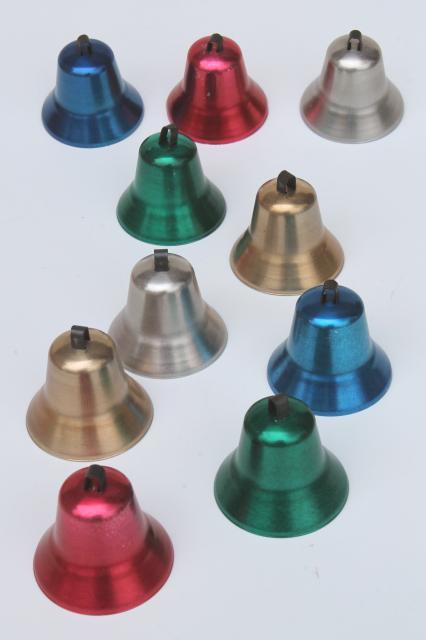 50s vintage Christmas bell ornaments, anodized colored aluminum Carol Tone bells in box