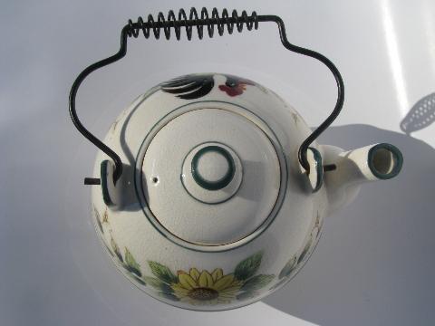 50s vintage Japan hand-painted rooster and flowers teapot, wire handle