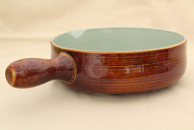 50s vintage Red Wing pottery Village Green stick handled casserole, large bowl w/ handle