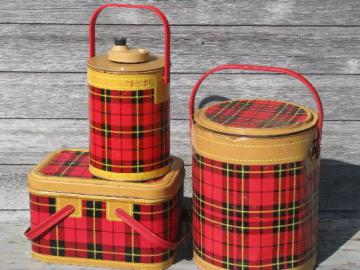 50s vintage Skotch tartanware plaid picnic set, tin hamper, cooler, jug