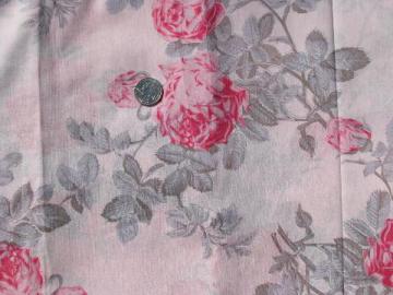 50s vintage cabbage roses floral print cotton fabric, large pink flowers