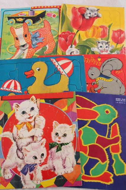 50s vintage children's puzzles, tray puzzle lot great old illustrations, fuzzy wuzzy animals