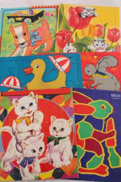50s vintage children's puzzles, tray puzzle lot great old illustrations, fuzzy wuzzy animals