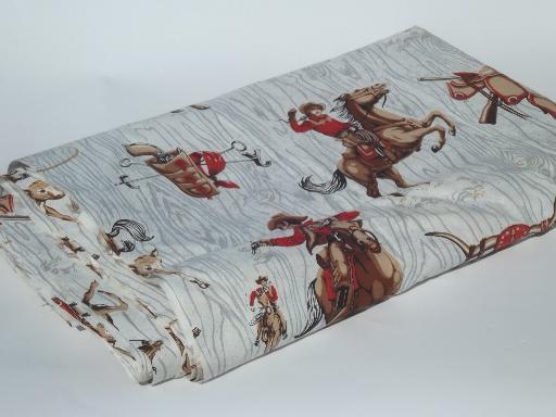 50s vintage cotton fabric w/ western round-up cowboy print, 10 yds x 36 w