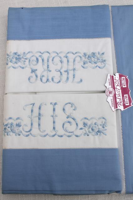 50s vintage cotton sheets & pillowcases, His & Hers embroidered linens never used