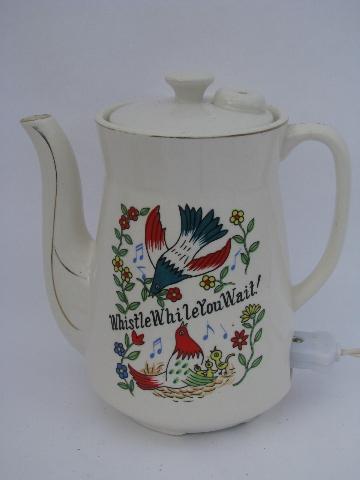 50s vintage electric coffee / tea pot, Whistle While You Wait painted china