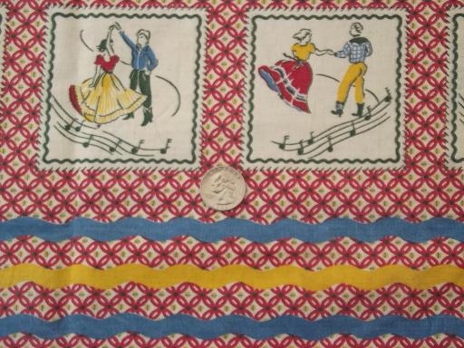 50s vintage feed sack fabric, square dance rick-rack border print