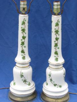 50s vintage green ivy lamps, tall white pottery table lamp pair