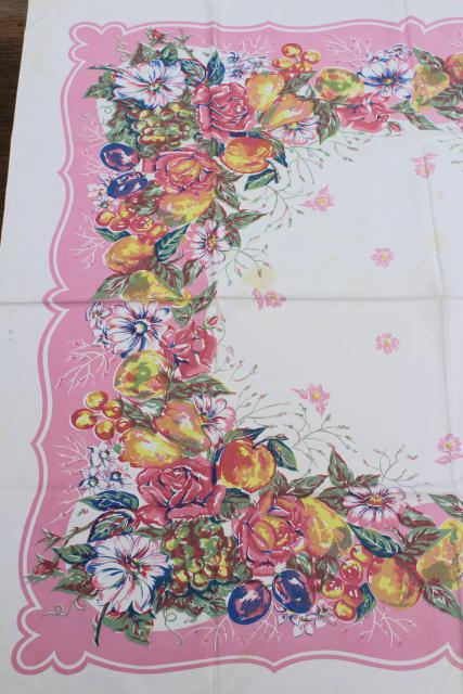 50s vintage kitchen tablecloth, retro rose pink border fruit & flowers print