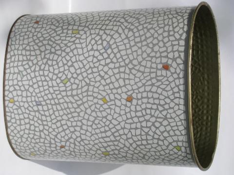 50s vintage metal boudoir or bath wastebasket, Italiente mosaic pattern on ivory