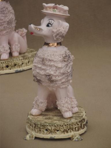 50s vintage pink french poodle china figurines / pair boudoir lamp bases 