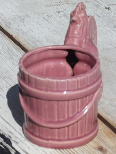 50s vintage pink pottery planter, chanticleer rooster flower pot bucket