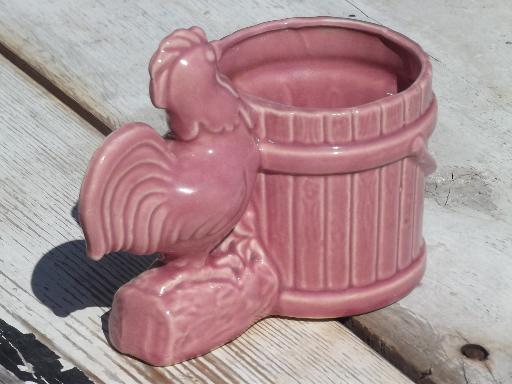 50s vintage pink pottery planter, chanticleer rooster flower pot bucket