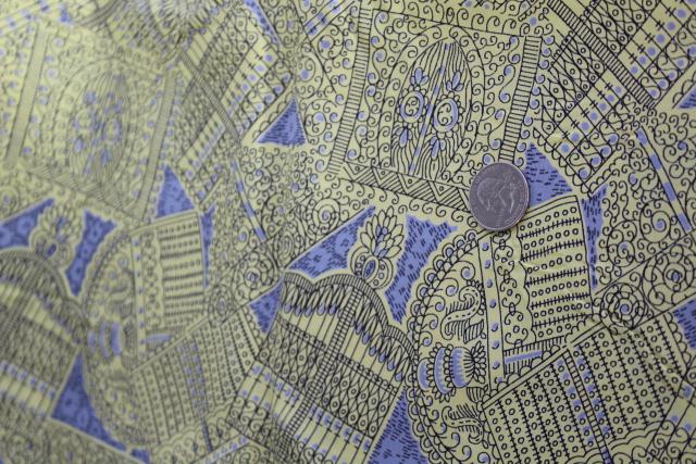 50s vintage rayon fabric, yellow / blue grey wrought iron gates, quirky french chic