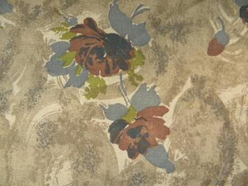 50s vintage rayon or rayon/cotton fabric, roses floral print in brown