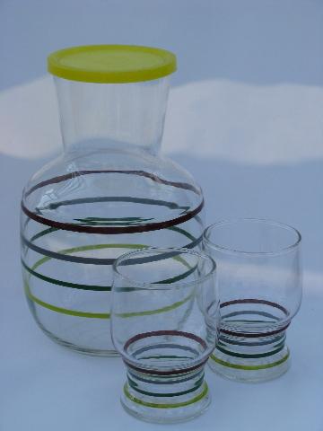 50s vintage ring pattern colored band glass refrigerator bottle, juice glasses