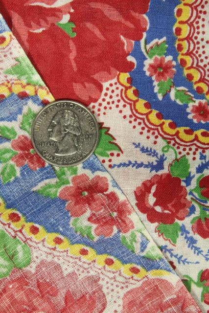 50s vintage roses print cotton fabric in bright retro colors red blue yellow jade green
