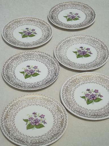 50s vintage spring violets floral china dessert plates, set of 6 