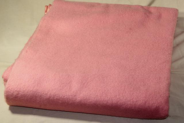 50s vintage thick pure wool bed blankets, rose pink w/ satin binding