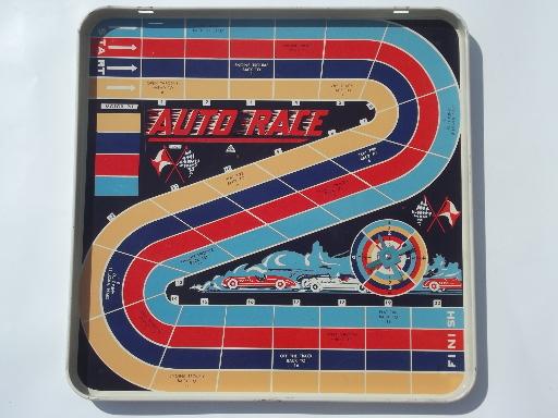 50s vintage tin litho game boards box games set, racing, magnetik baseball