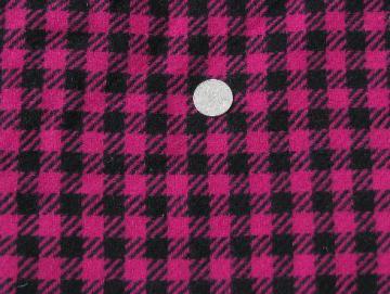 50s vintage wool fabric, woven plaid checked black and fuschia pink