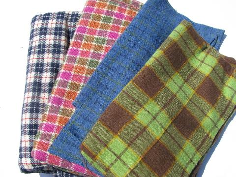 50s-60s bright plaid lot vintage wool fabric for sewing crafts, felting