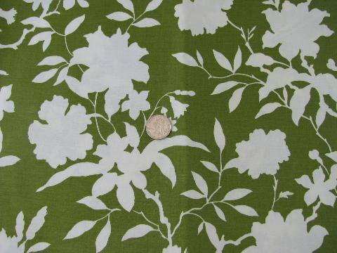 50s-60s vintage glazed cotton chintz fabric, lime green / white floral print