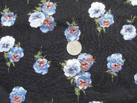 50s-60s vintage textured challis fabric, pansies floral print on black