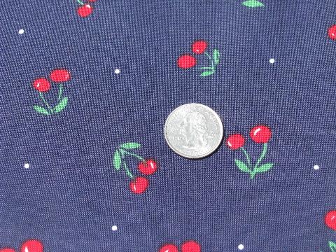 58'' wide vintage print cotton fabric, red cherries on navy blue