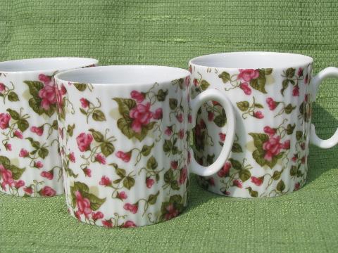 6 chintz china coffee cups, vintage Japan mugs, all-over flowers