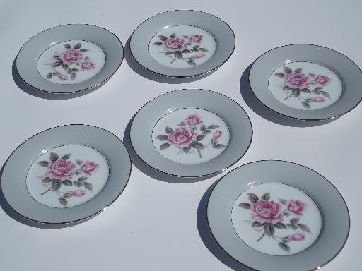 6 vintage Noritake Arlington bread or cake plates, pink rose w/ grey