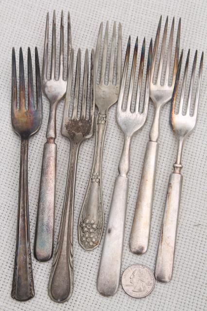 60 antique & vintage silver plate forks, shabby tarnished silverware flatware lot