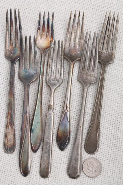 60 antique & vintage silver plate forks, shabby tarnished silverware flatware lot