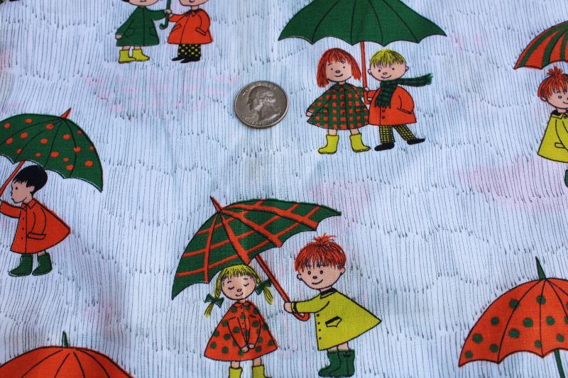60s 70s mod vintage novelty print cotton fabric, boy  girl w/ rainy day umbrellas