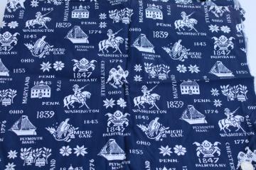 60s 70s vintage Americana print colonial cities historic dates navy blue w/ white