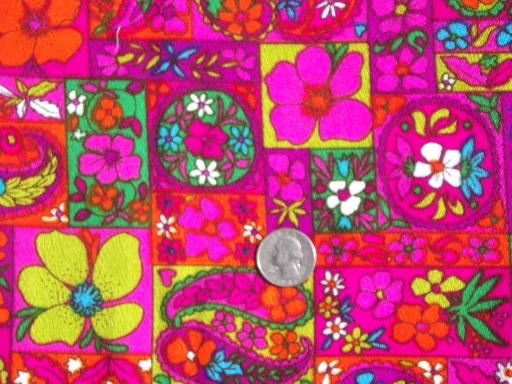 60s 70s vintage Hawaiian print fabric w/ neon bright magenta pink flowers