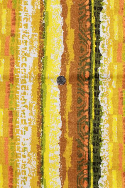 60s 70s vintage cotton barkcloth fabric, mid-century mod abstract stripes in orange