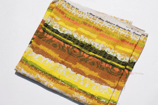 60s 70s vintage cotton barkcloth fabric, mid-century mod abstract stripes in orange
