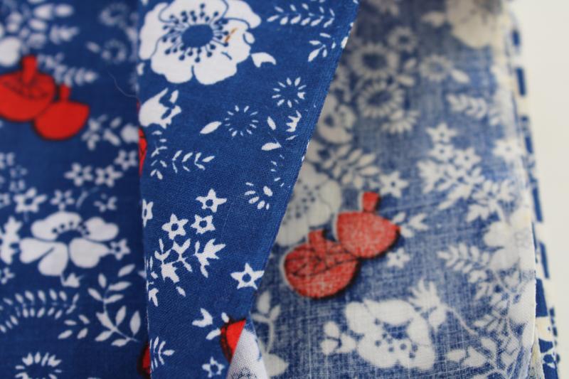 60s 70s vintage cotton blend fabric, little red mushrooms print flowers white & blue