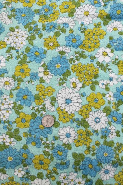 60s 70s vintage daisy print cotton terrycloth towel fabric, aqua blue & chartreuse