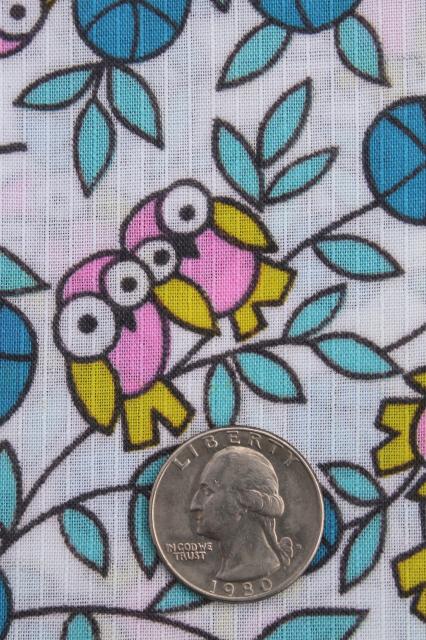 60s 70s vintage fabric w/ baby owls print, cotton / poly blend quilting weight material