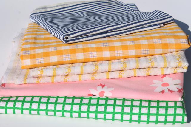 60s 70s vintage fabric lot, retro prints in bright happy colors, pink, green, yellow, blue