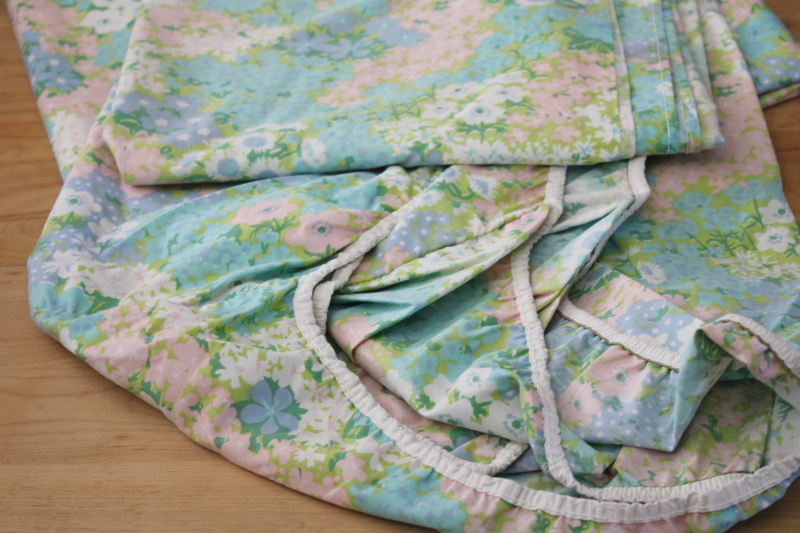 60s 70s vintage flowered bed sheets twin size, blue pink aqua green floral Penneys label poly cotton fabric
